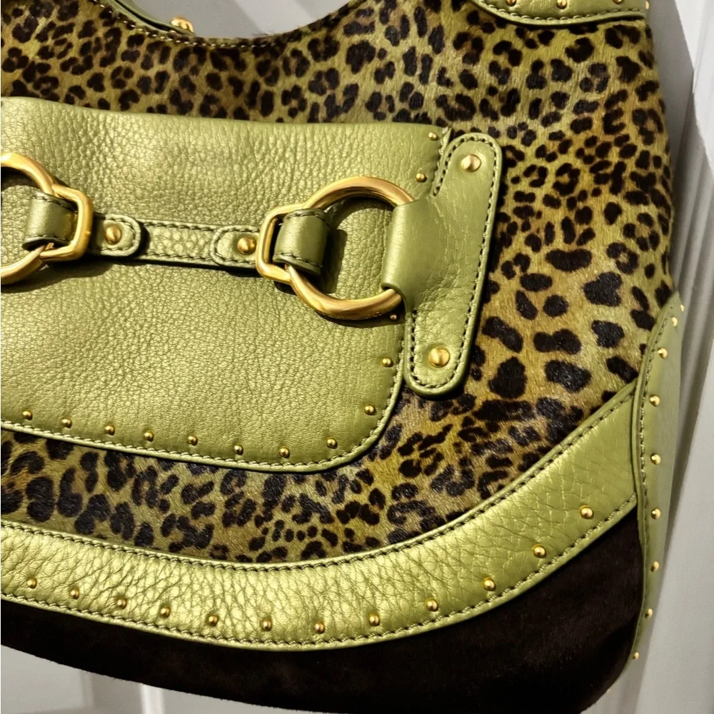 Cole Haan Stephanie Leopard Haircalf Hobo Bag Moss Green Leather NWT $395
